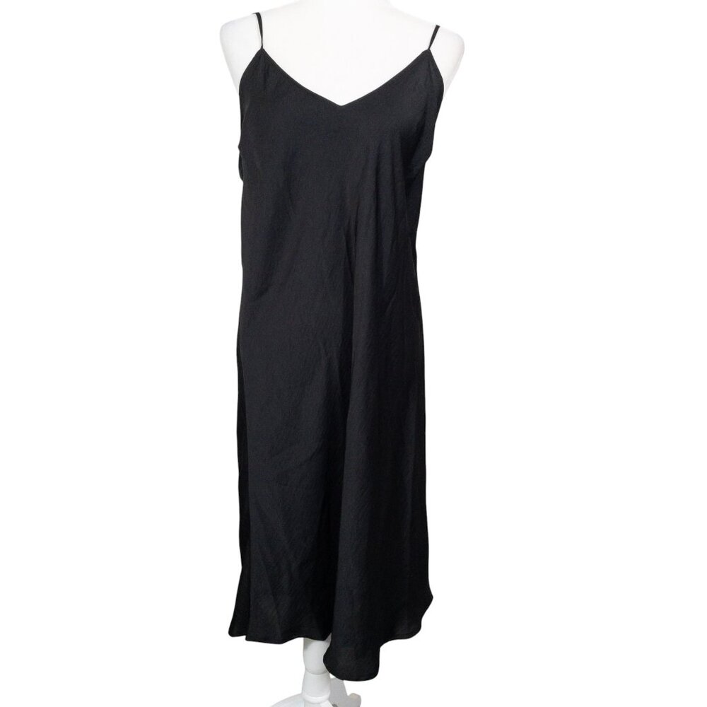 A New Day Black Satin Midi Dress V Neck SZ L Spagetti Strap Lightweight